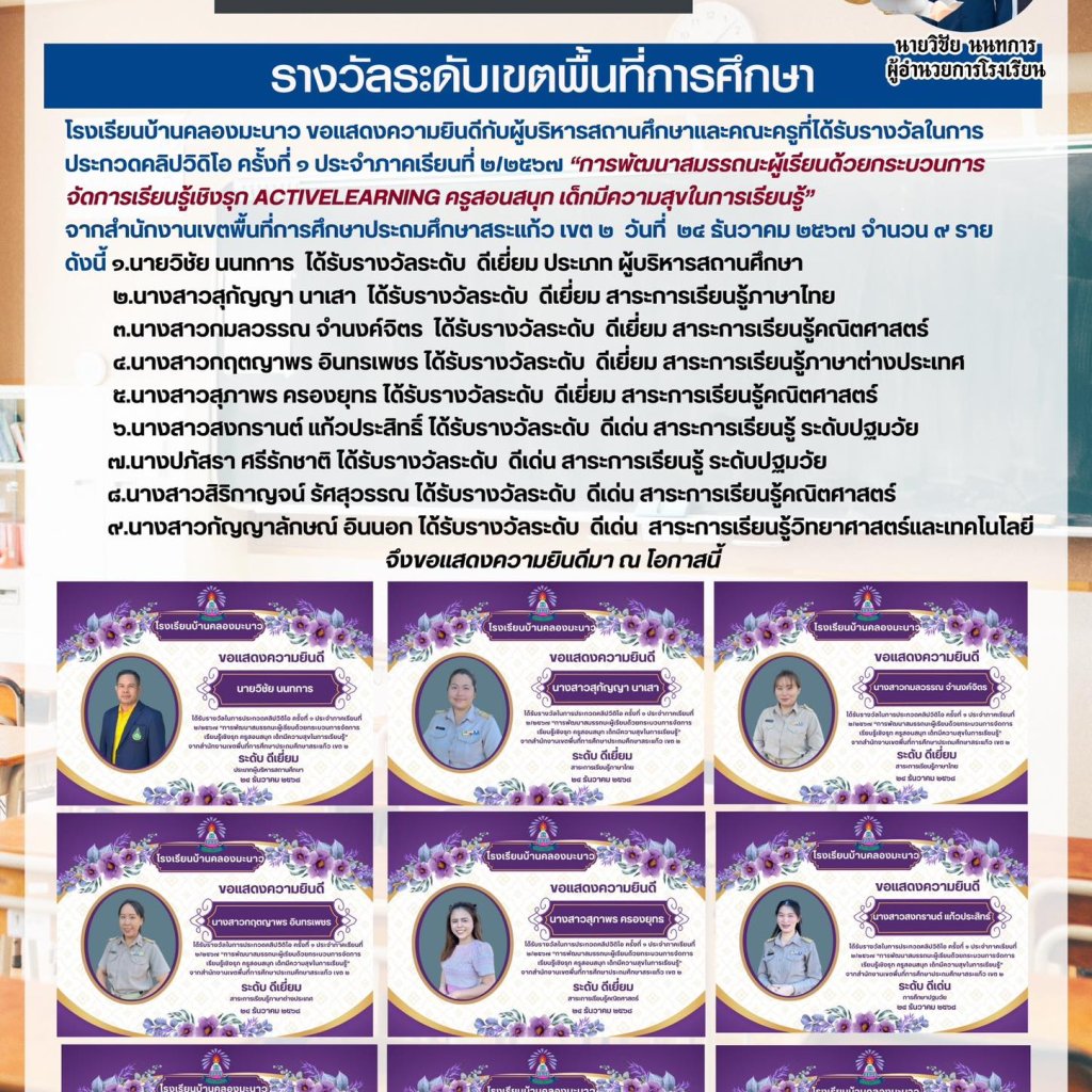 รางวัลระดับเขตพื้นที่การศึกษา ปีการศึกษา 2567